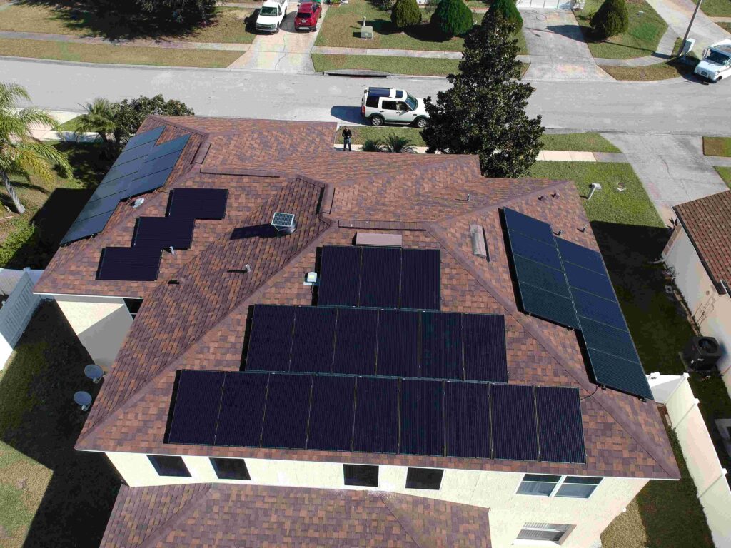 drone photograph of family home in Orlando with newly installed solar pv panels