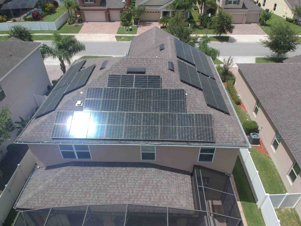 drone photograph of family home in Orlando with newly installed solar pv panels