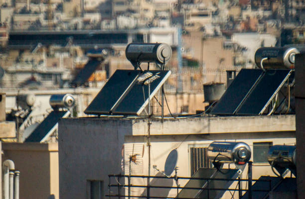Athens, Greece, Europe - June 2021: Rooftop Solar Water Heater
