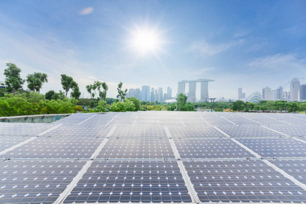 Solar panels energy field at singapore public park with blue sky, New alternative energy from natural, Singapore